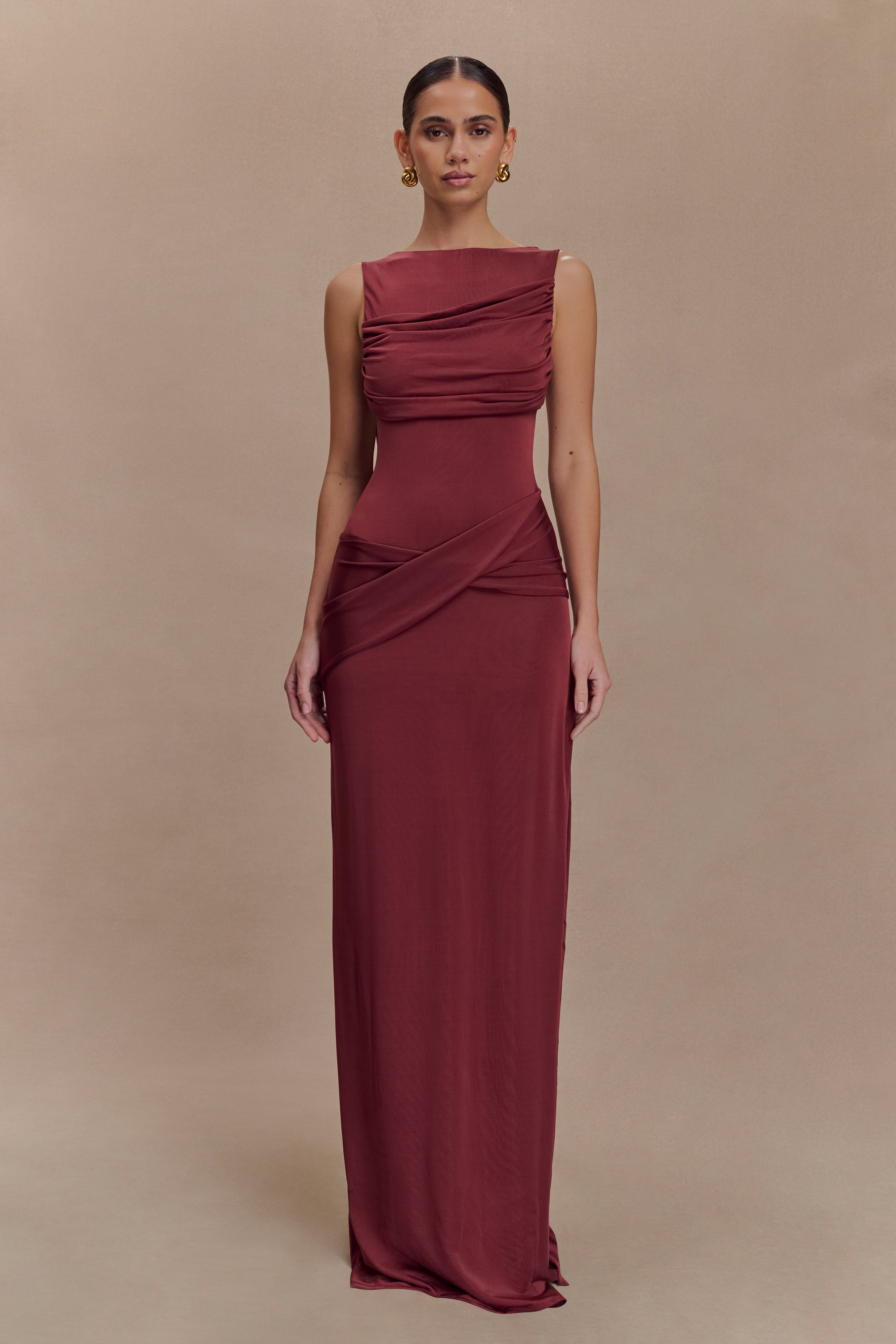 Henley Slinky Drape Maxi Dress - Wine