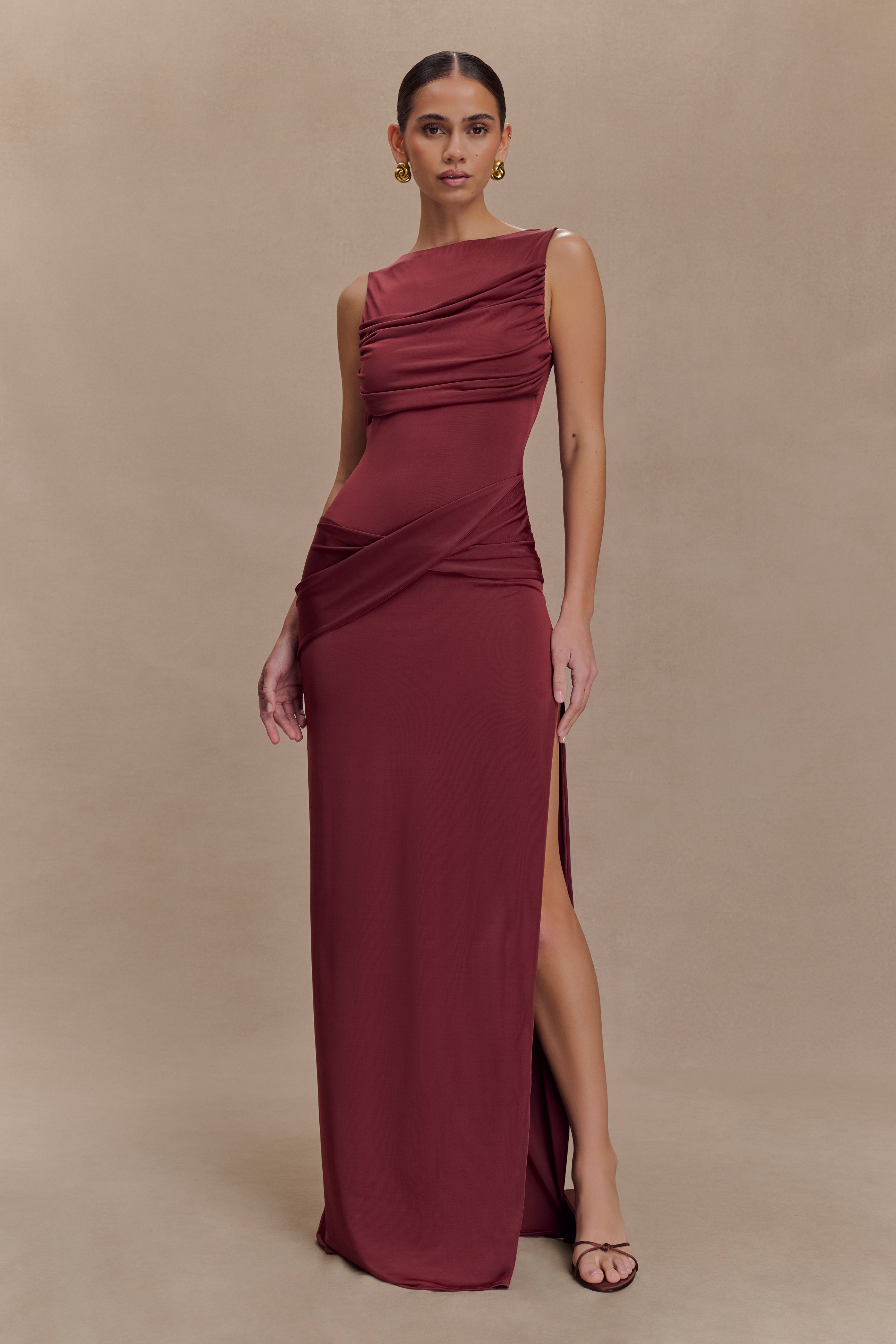 Henley Slinky Drape Maxi Dress - Wine
