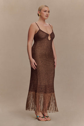 Raelynn Metallic Knit Fringe Midi Dress - Dark Chocolate