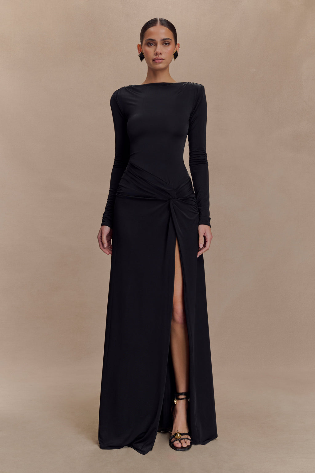 Deanna Long Sleeve Gathered Maxi Dress - Black
