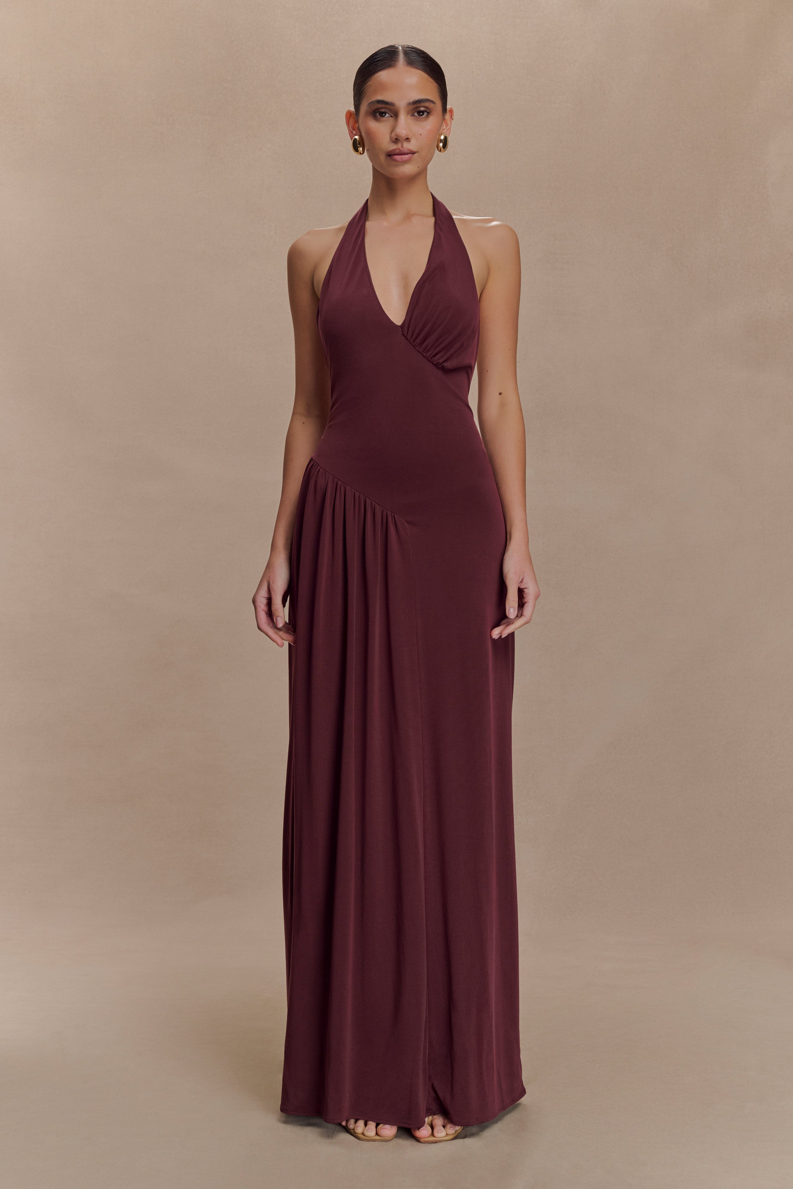 Yelena Ruched Halter Maxi Dress - Mahogany