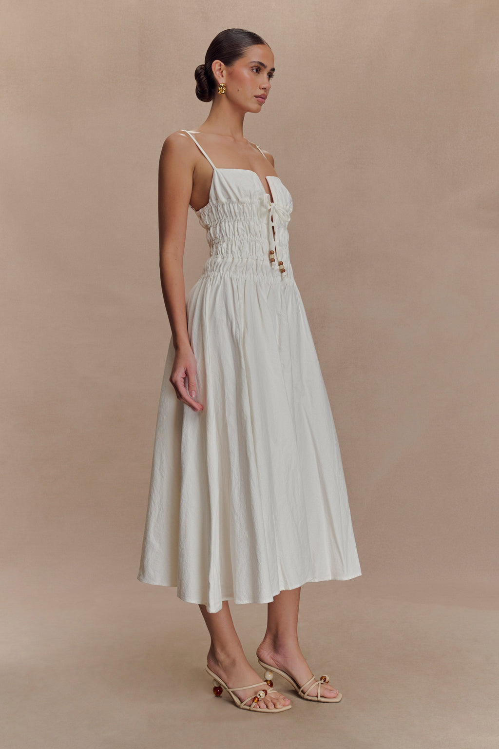 Elias Shirred Cotton Midi Dress - White