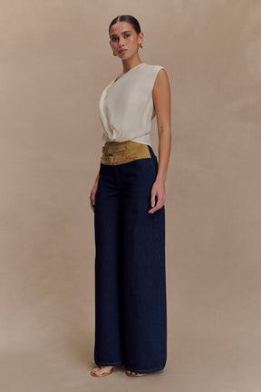 Miranda Faux Suede Belted Denim Wide Leg Pants - Indigo Blue