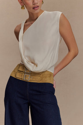 Miranda Faux Suede Belted Denim Wide Leg Pants - Indigo Blue