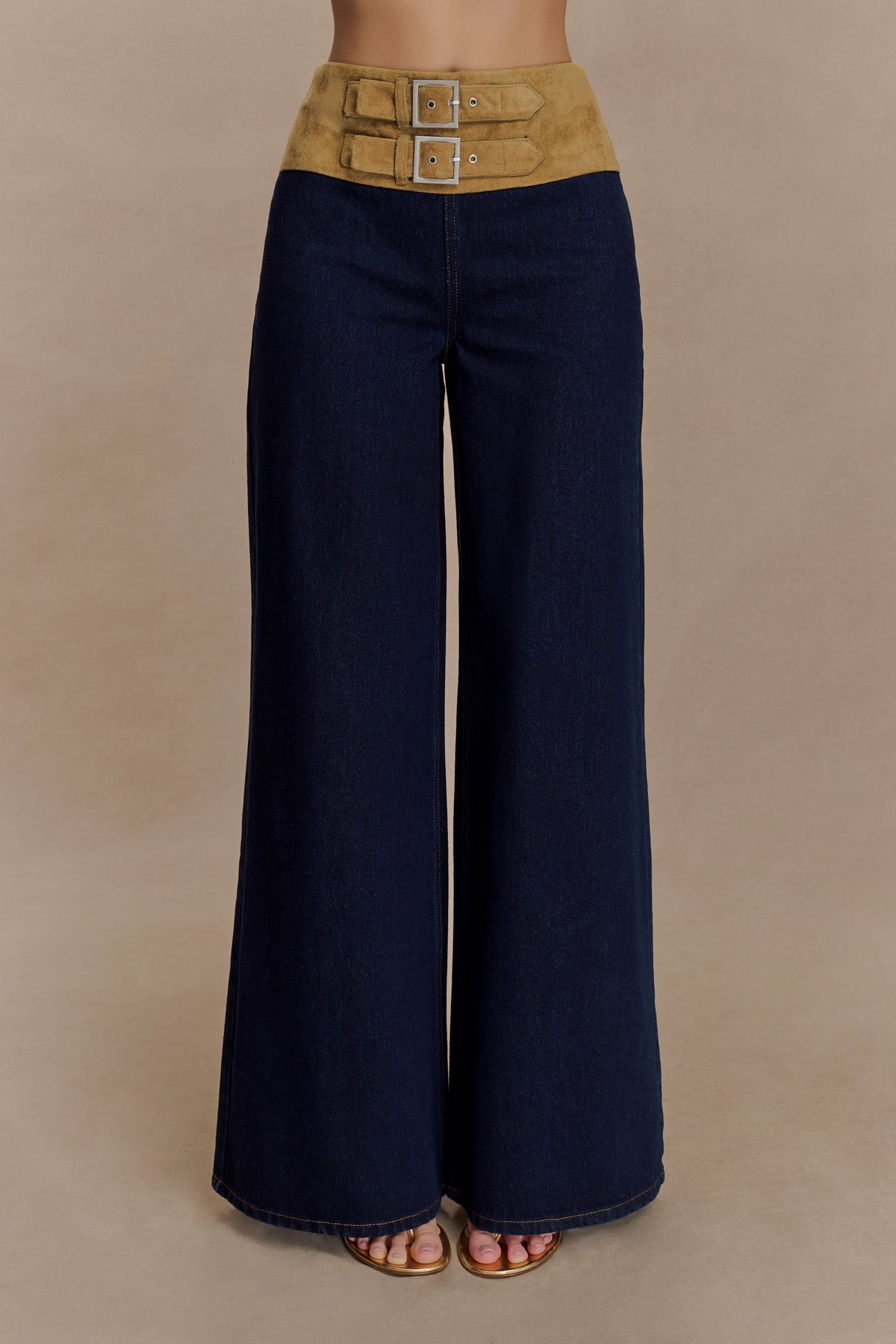 Miranda Faux Suede Belted Denim Wide Leg Pants - Indigo Blue