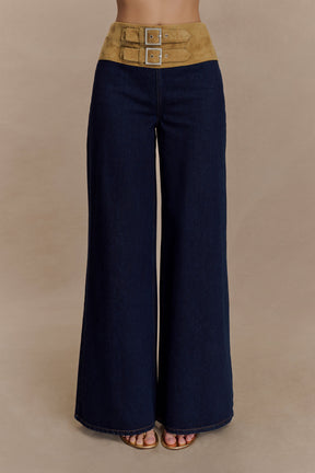 Miranda Faux Suede Belted Denim Wide Leg Pants - Indigo Blue