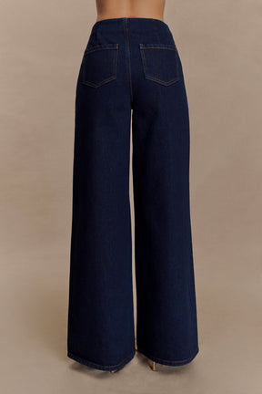 Miranda Faux Suede Belted Denim Wide Leg Pants - Indigo Blue
