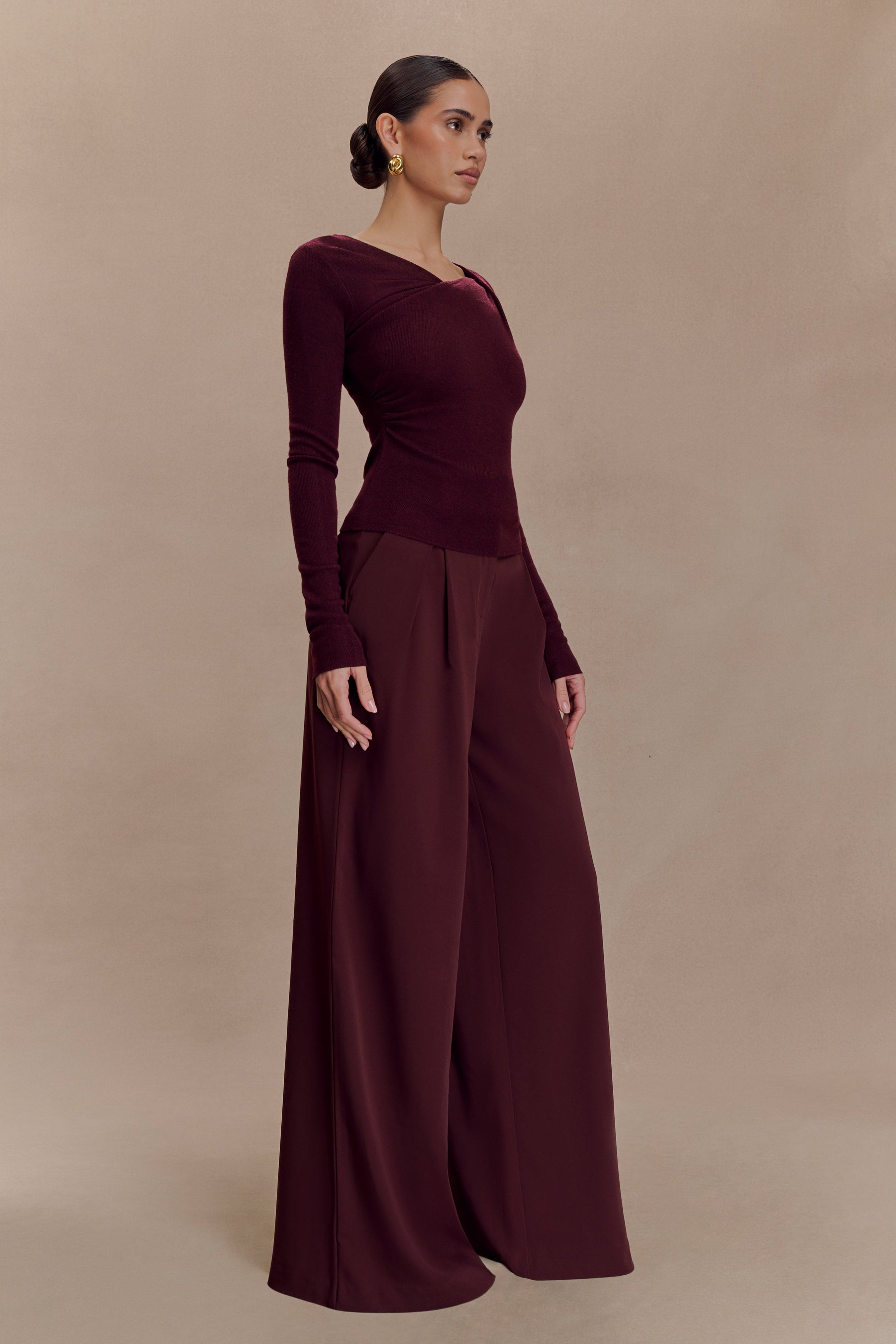 Culver Draped Twist Knit Top - Wine