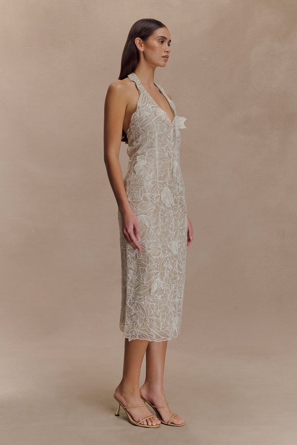 Lenore Silk Lace Halter Midi Dress - Ivory