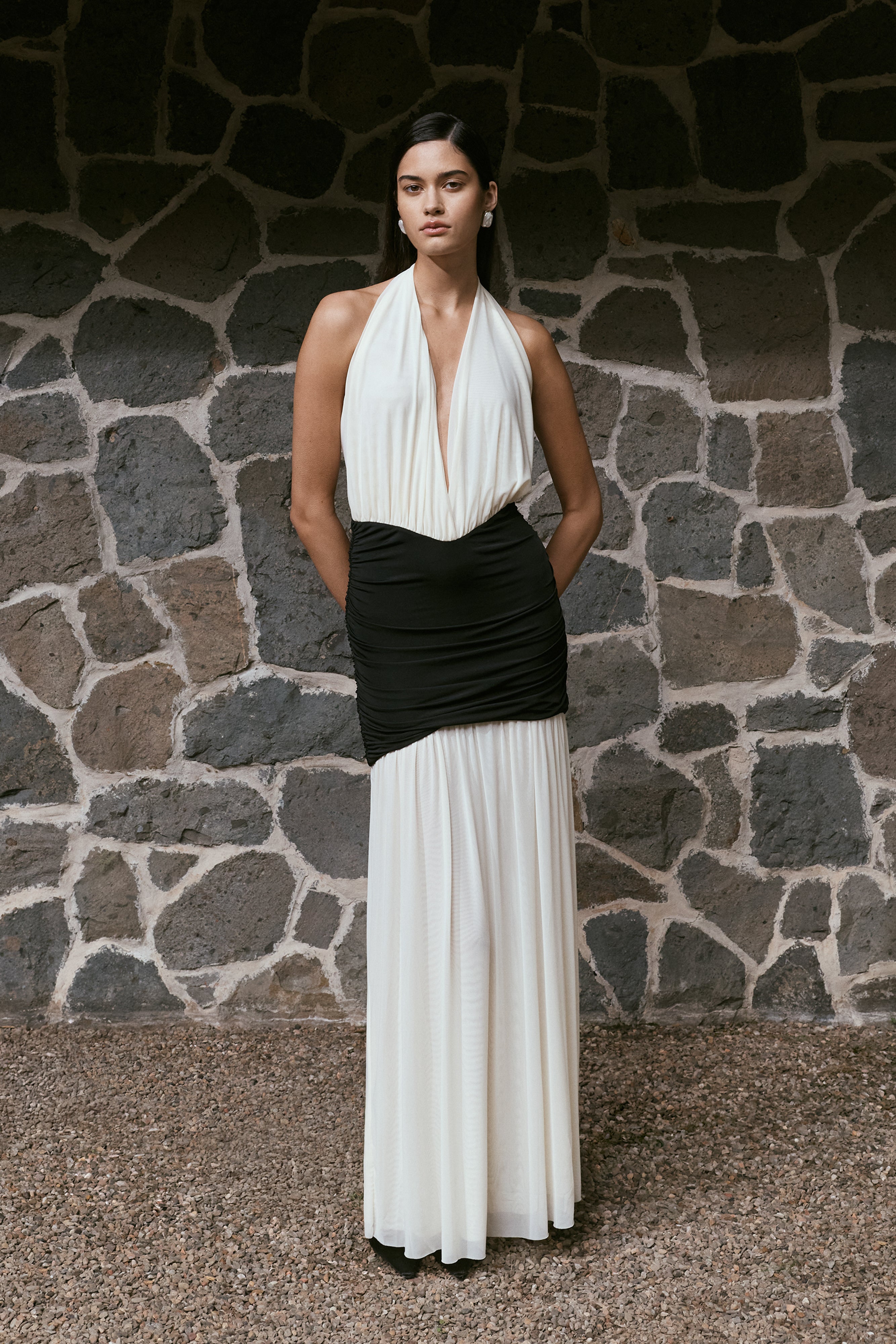 Hailee Slinky And Mesh Halter Maxi Dress - Black/White