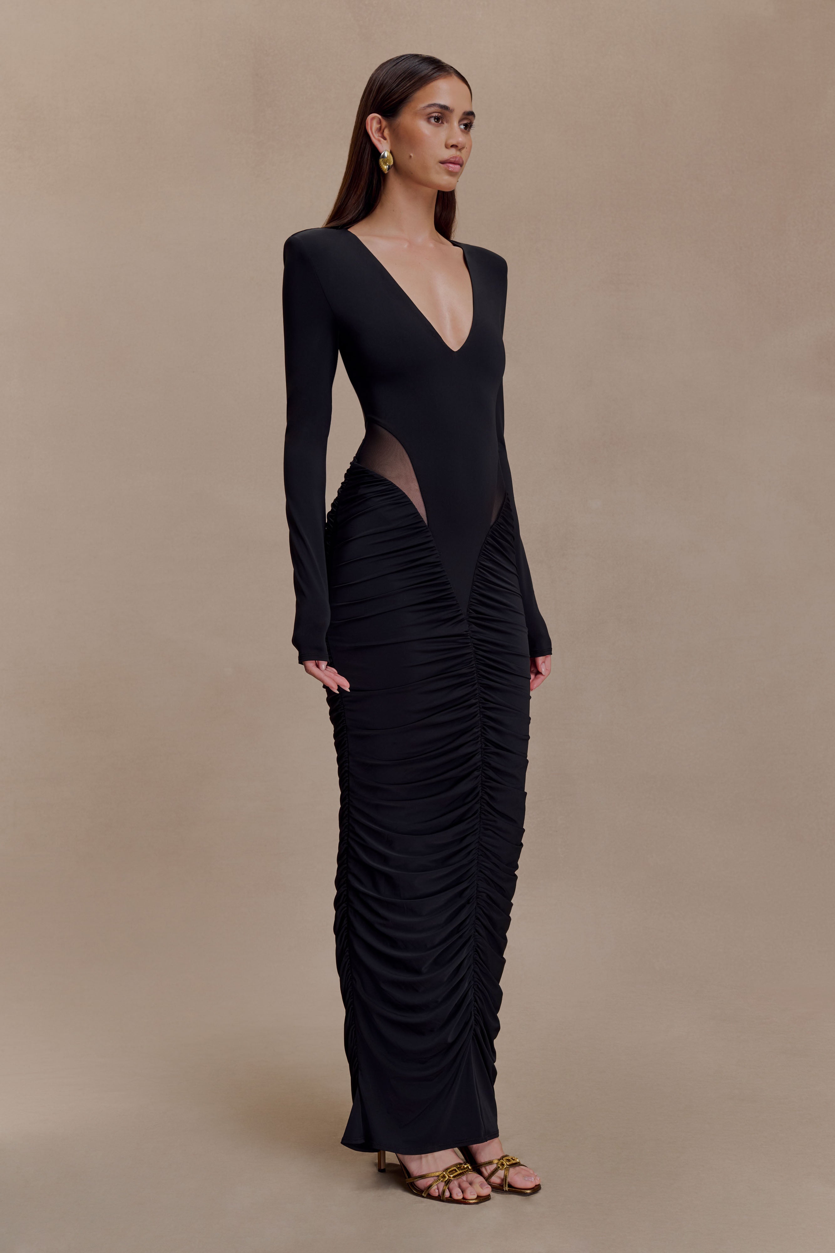 Louanne Slinky Long Sleeve Maxi Dress - Black