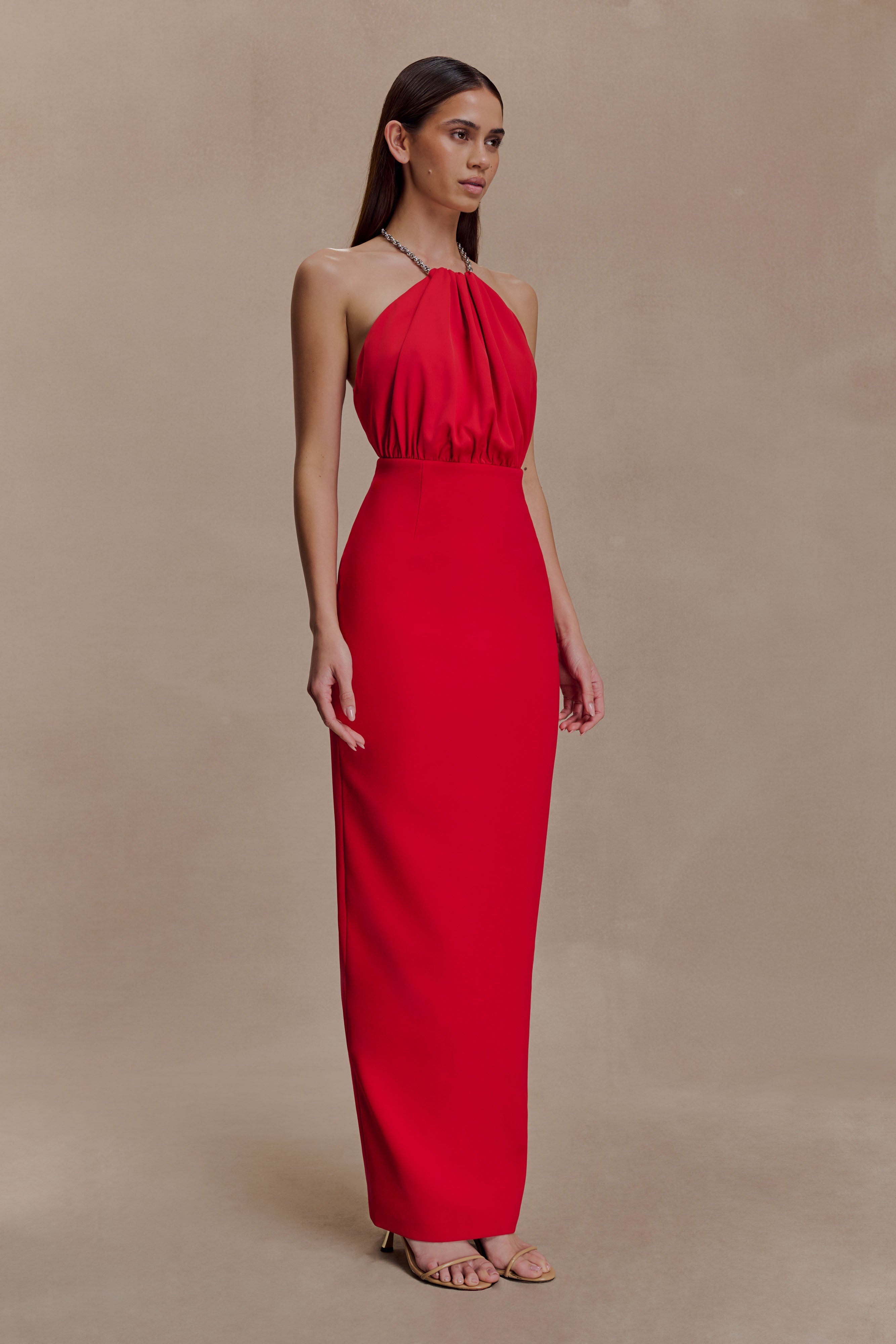 Elina Satin Necklace Maxi Dress - Red