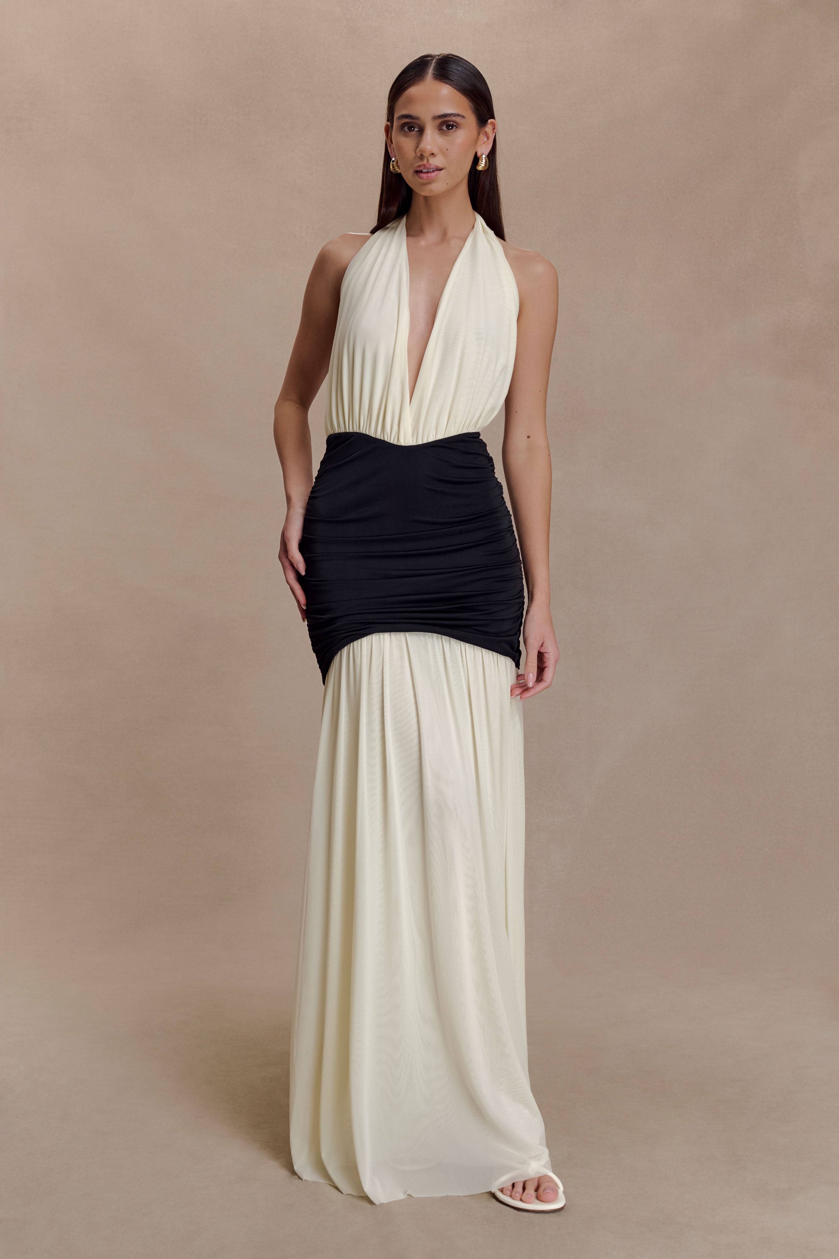 Hailee Slinky And Mesh Halter Maxi Dress - Black/White