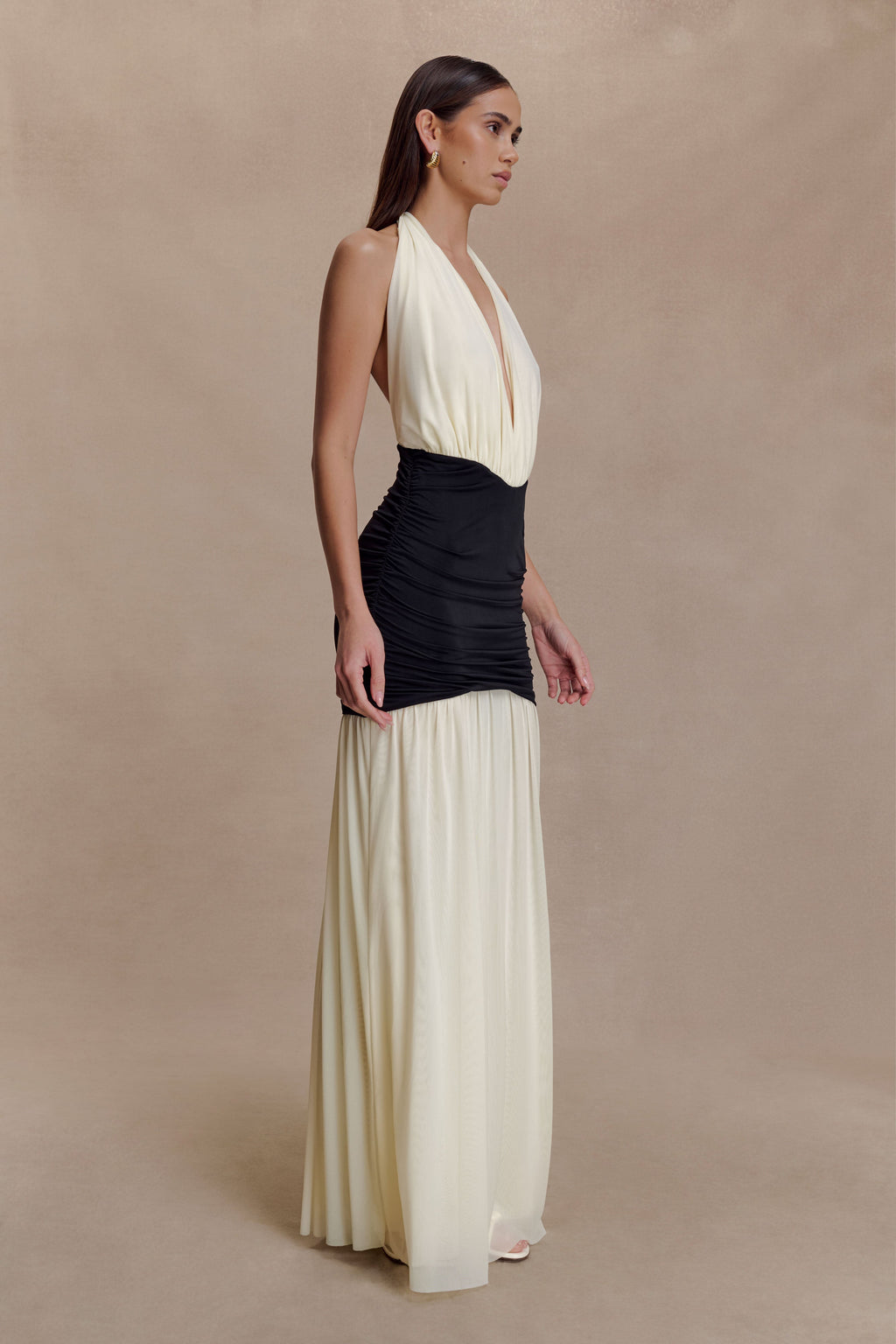 Hailee Slinky And Mesh Halter Maxi Dress - Black/White