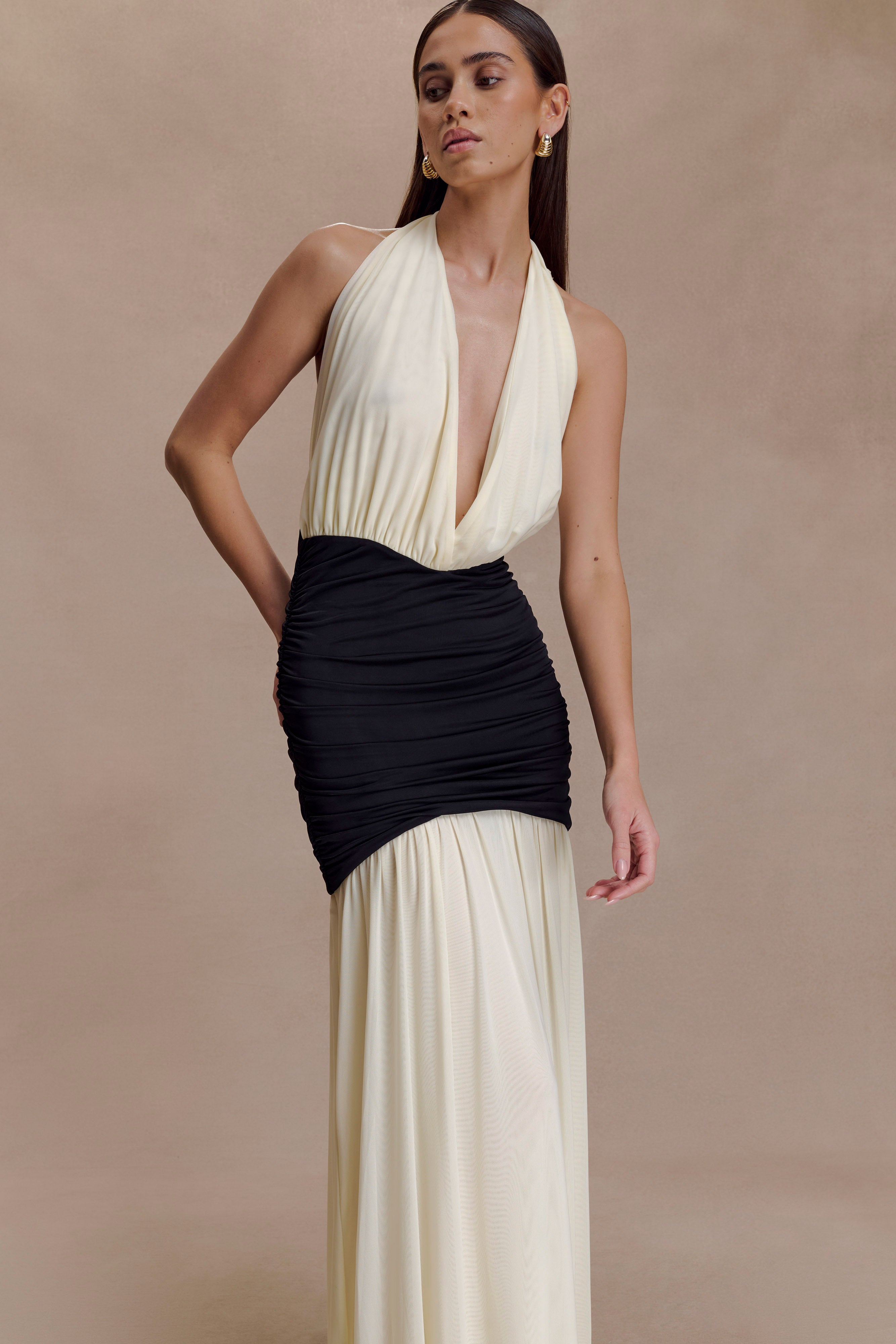 Hailee Slinky And Mesh Halter Maxi Dress - Black/White