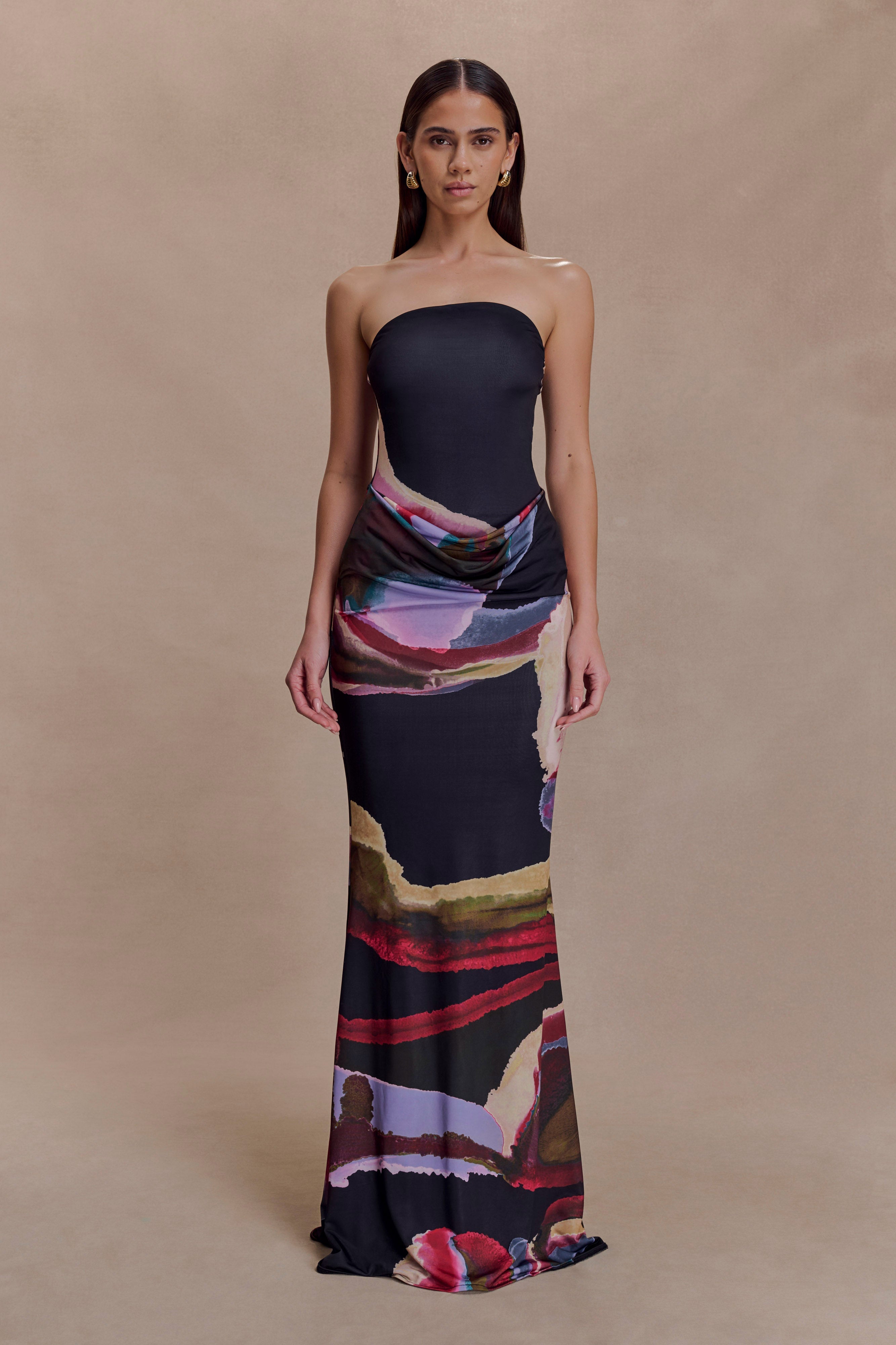 Madison Strapless Slinky Maxi Dress - Multi Fluid Reverie Print