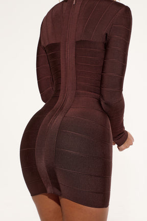 The Super Plunge chocolate long sleeve bandage mini dress