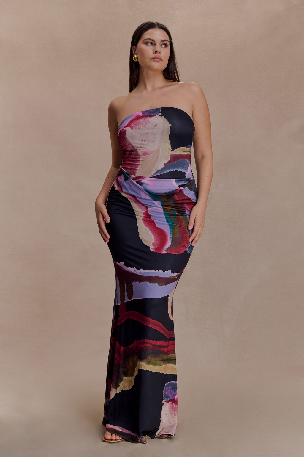 Madison Strapless Slinky Maxi Dress - Multi Fluid Reverie Print