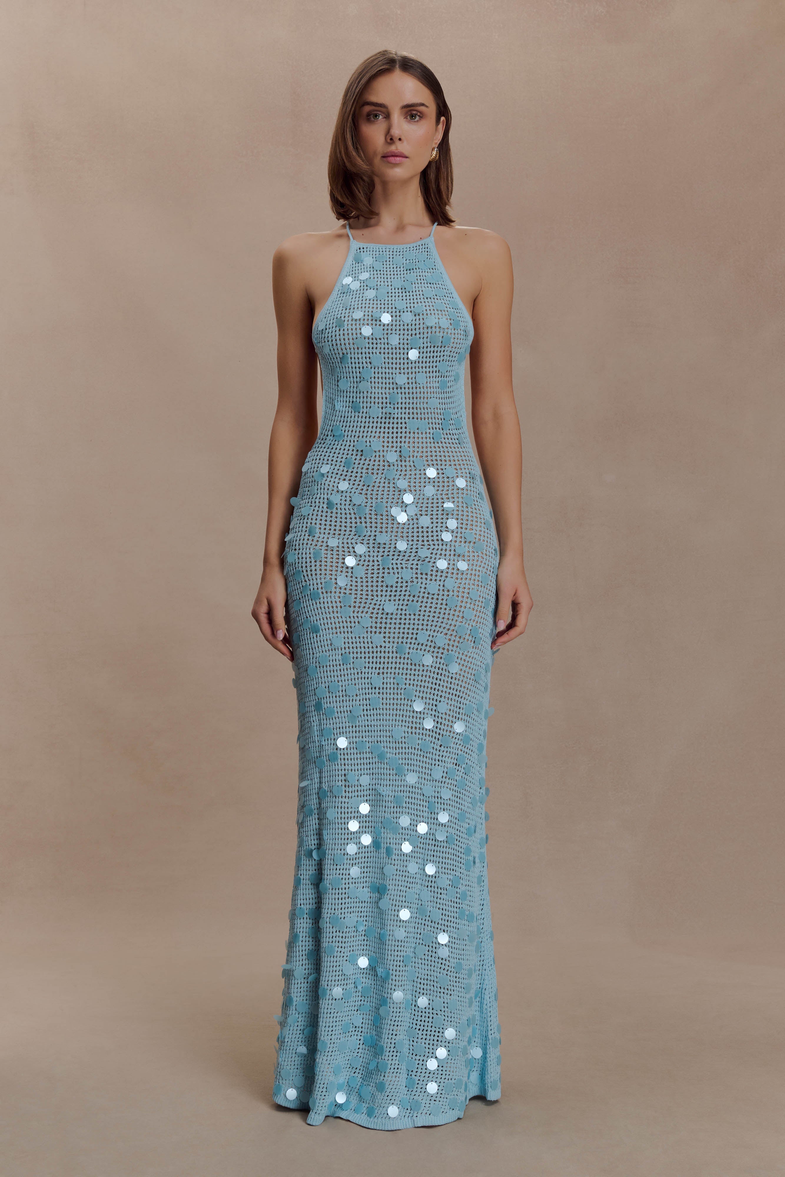 Carmen Crochet Sequin Maxi Open Back Dress - Blue