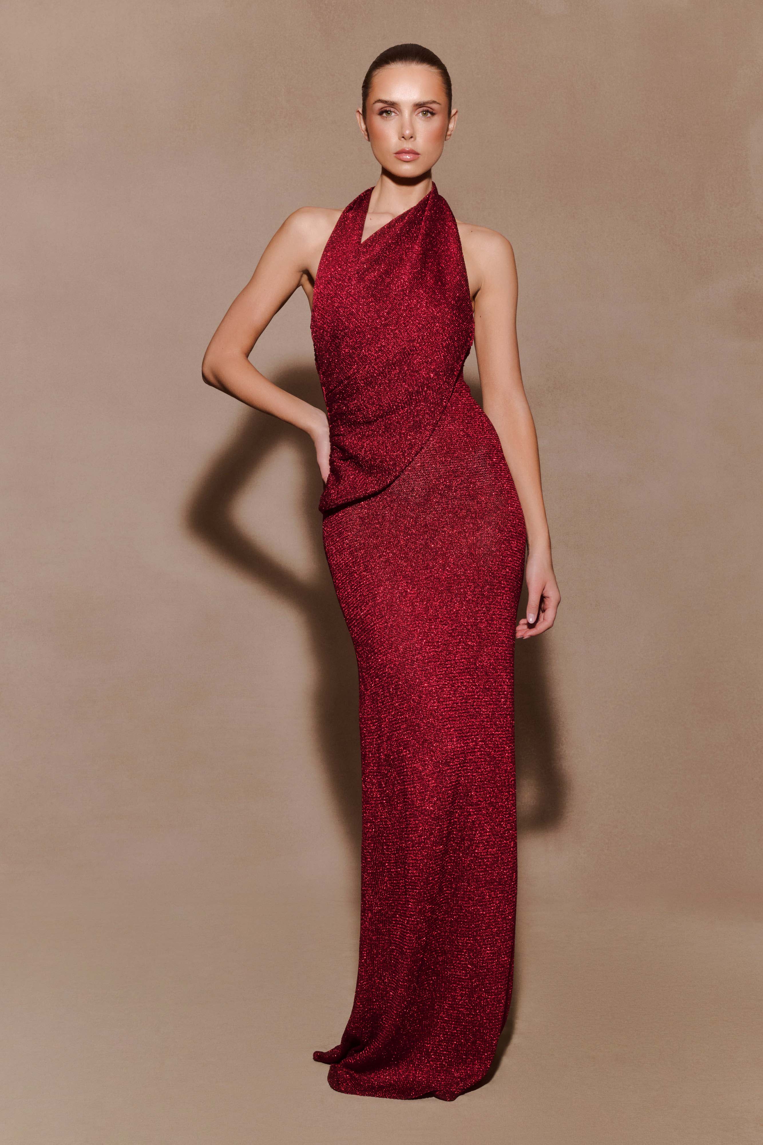 Elma Lurex Knit Halter Maxi Dress - Deep Red