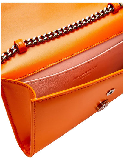 Luxe Orange Chain Shoulder Bag with Metal Skull Lock