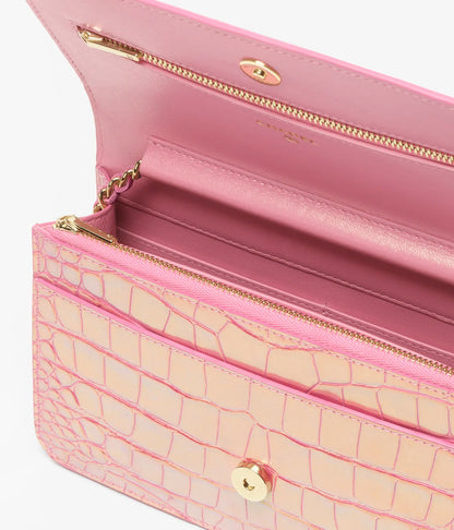 Wallet On Chain Crocodile Embossed Iridescent Calfskin & Gold-Tone Metal  Pink