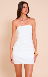 White Woven Bandeau Ruched Mini Dress