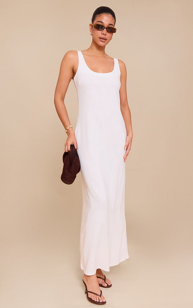 White Textured Scoop Neck Maxi Dress