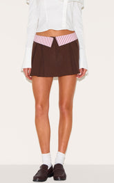 Chocolate Brown Contrast Striped Waistband Mini Skirt
