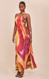 Pink Abstract Print Satin Bandeau Scarf Detail Maxi Dress