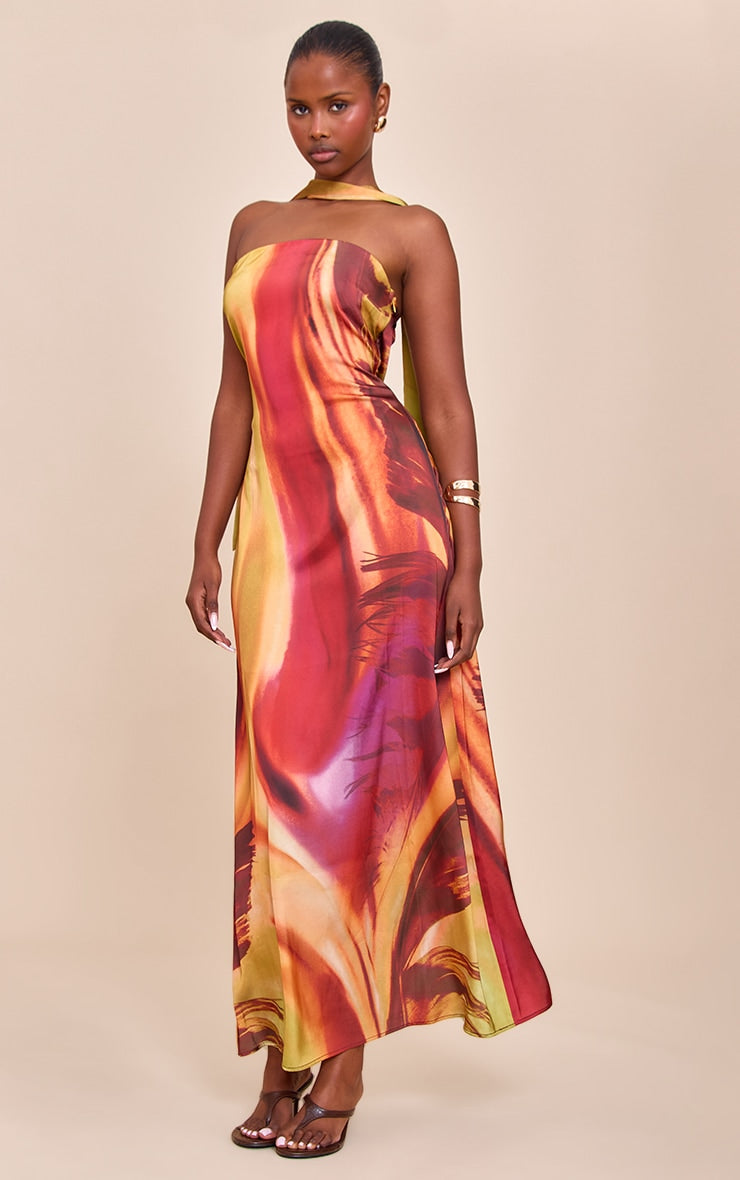 Pink Abstract Print Satin Bandeau Scarf Detail Maxi Dress