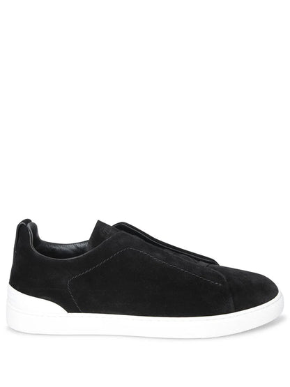 Zegna Men’s Triple Stitch™ Black Suede Slip-On Sneakers – Iconic Detailing & Timeless Comfort