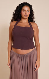Plus Deep Chocolate Premium Linen Halterneck Top