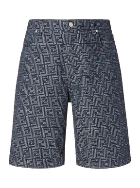 Fendi Blue Bermuda with Belt Loops and All-Over FF Motif in Cotton Man