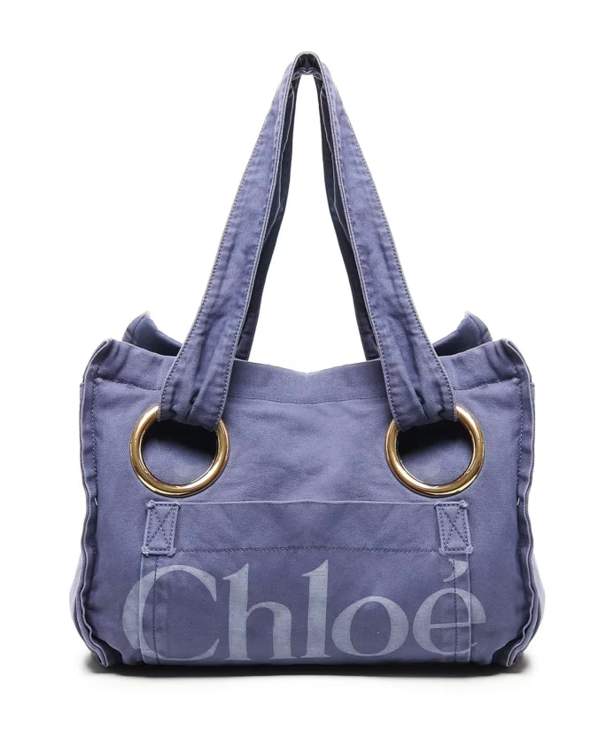 Blue Cotton Shoulder Bag with Pockets