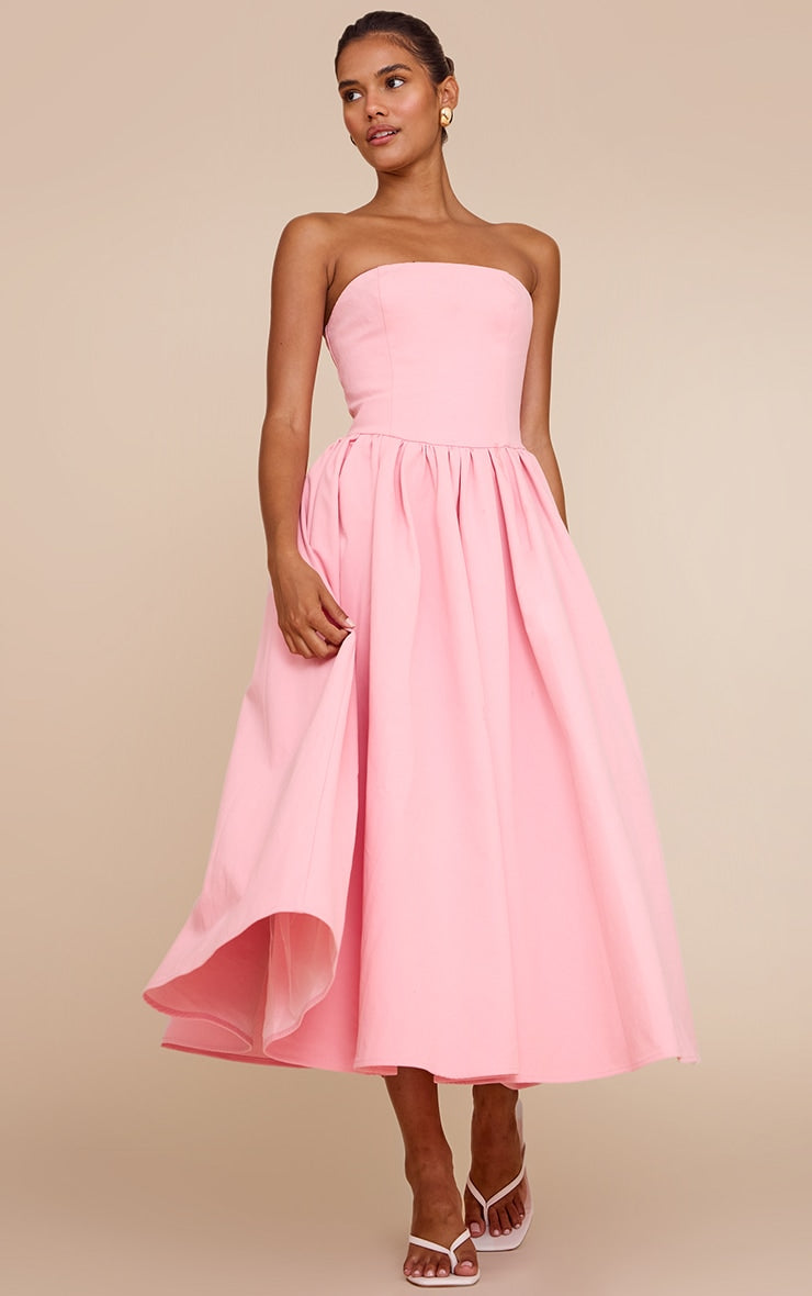 Candy Pink Woven Bandeau Ruched Skater Midaxi Dress