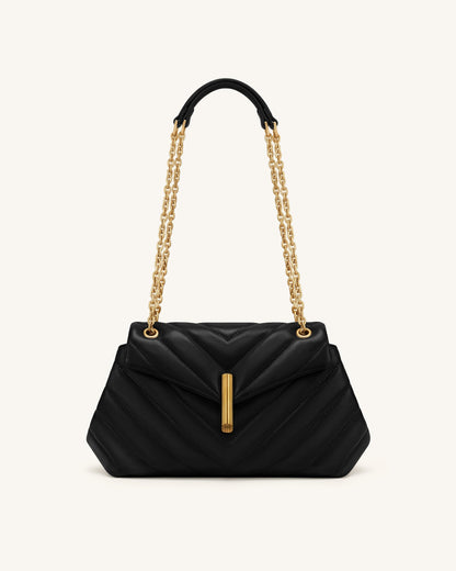 Valerie Quilted Chain Flap Shoulder Bag - Black