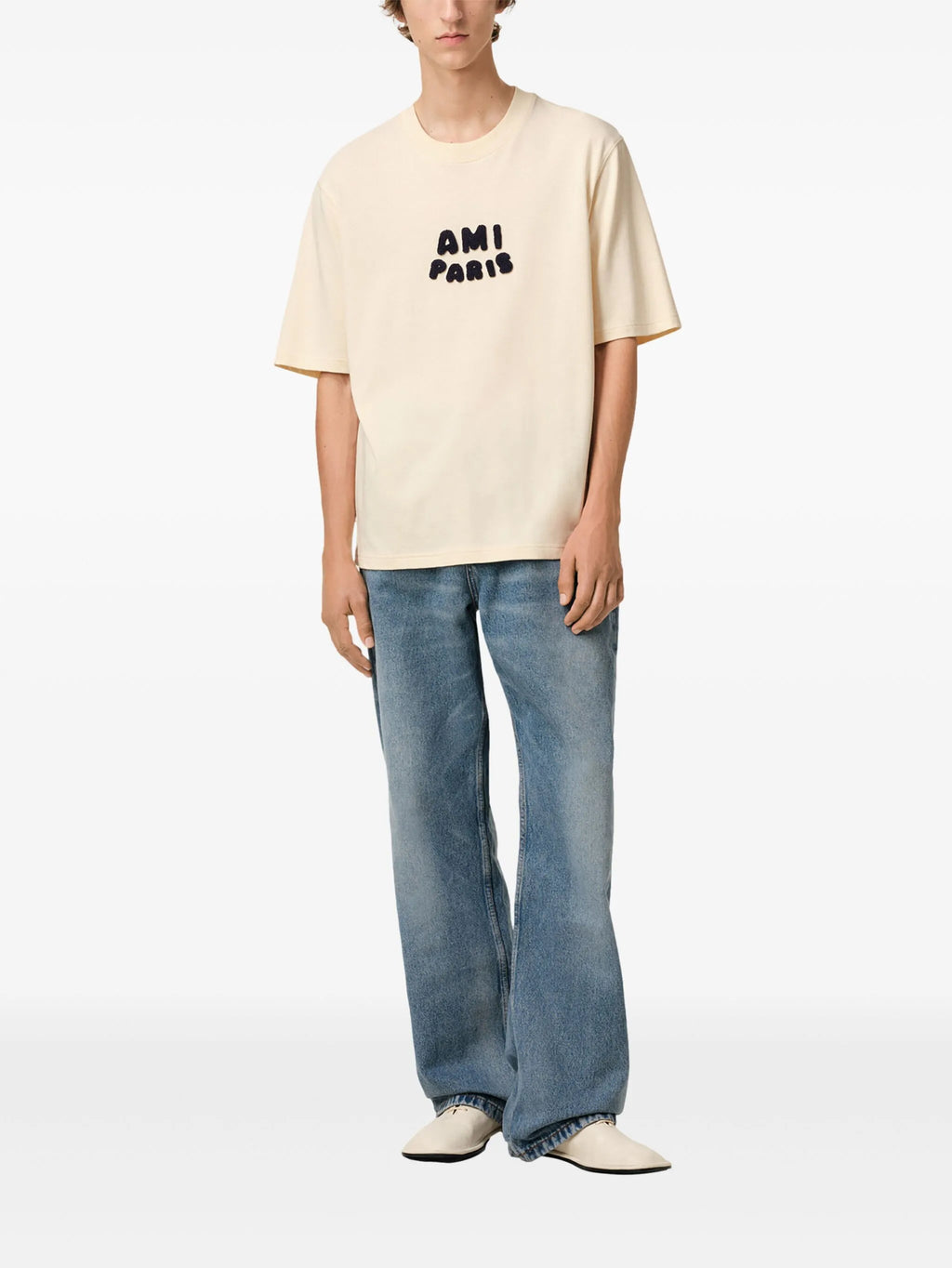 AMI PARIS Embroidered Logo T-Shirt in White Cream