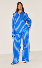 Blue Striped Cotton Poplin Wide Leg Trousers