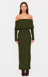Green Brushed Rib Foldover Bardot Maxi Dress