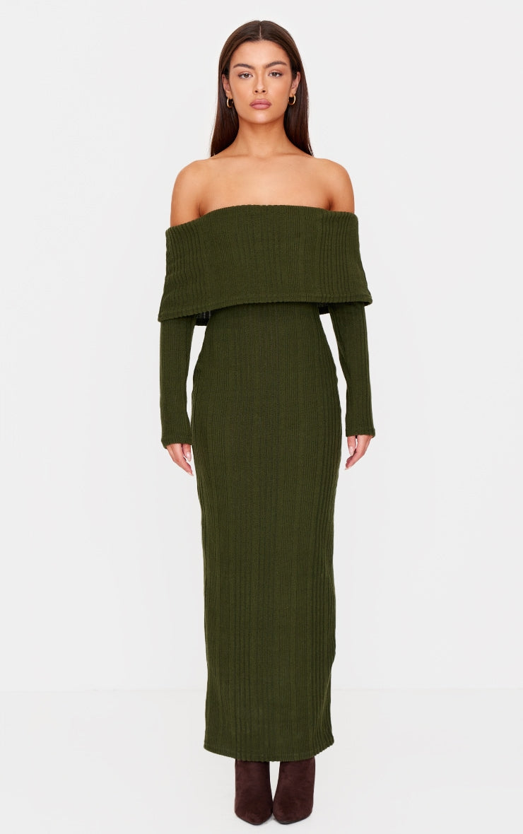 Green Brushed Rib Foldover Bardot Maxi Dress