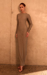 PLT Label Taupe Double Layer Mesh Ruched Sleeve Detail Maxi Dress