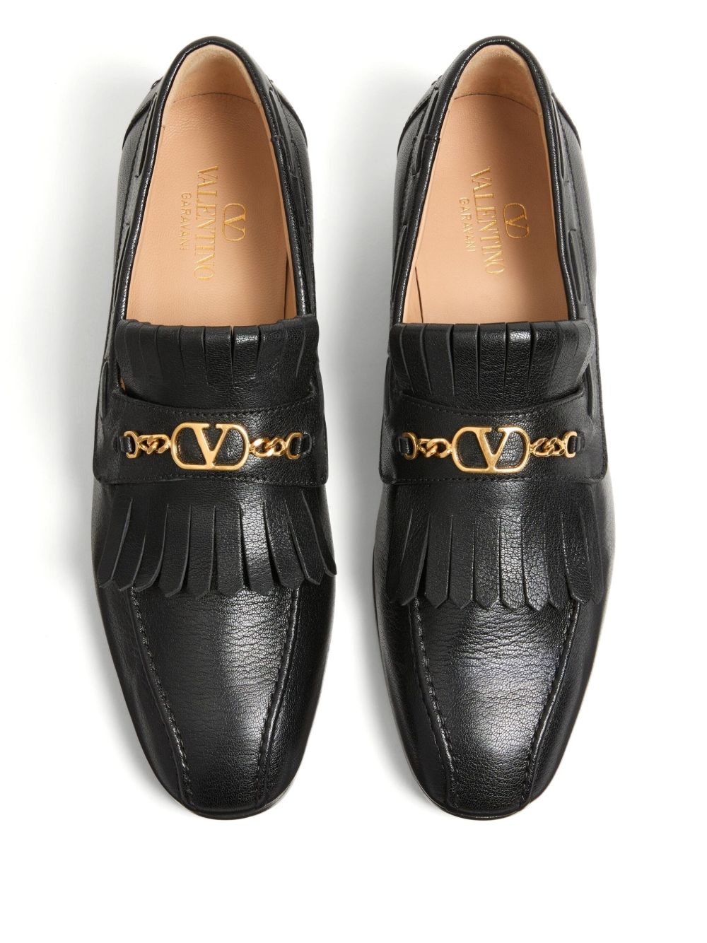 Valentino Garavani V-Logo Fringe Leather Loafers – Black