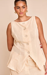 Plus Sand Boat Neckline Button Down Linen Look Stripe Waistcoat