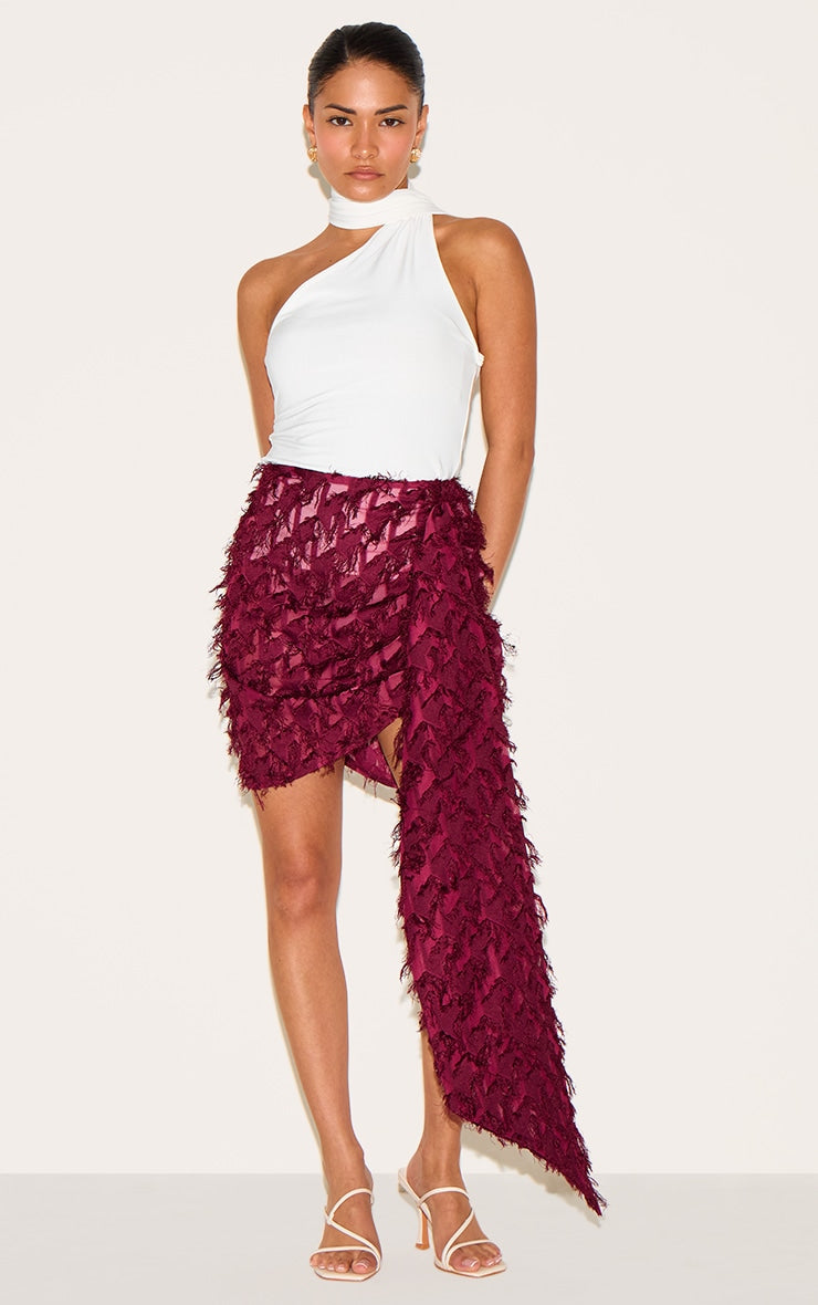 Petite Deep Red Textured Drape Side Mini Skirt