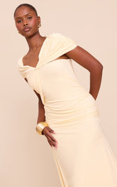 Lemon Double Layer Slinky Asymmetric Ruched Maxi Dress