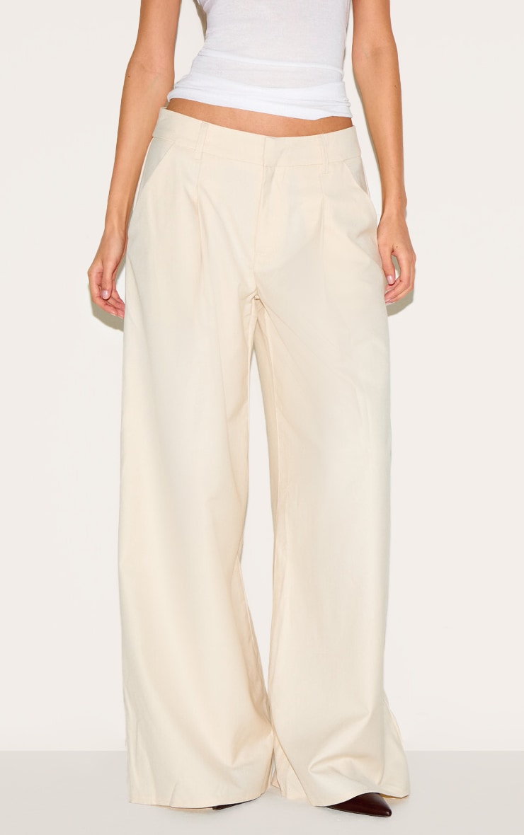 Cream Woven Double Pleat Wide Leg Trousers