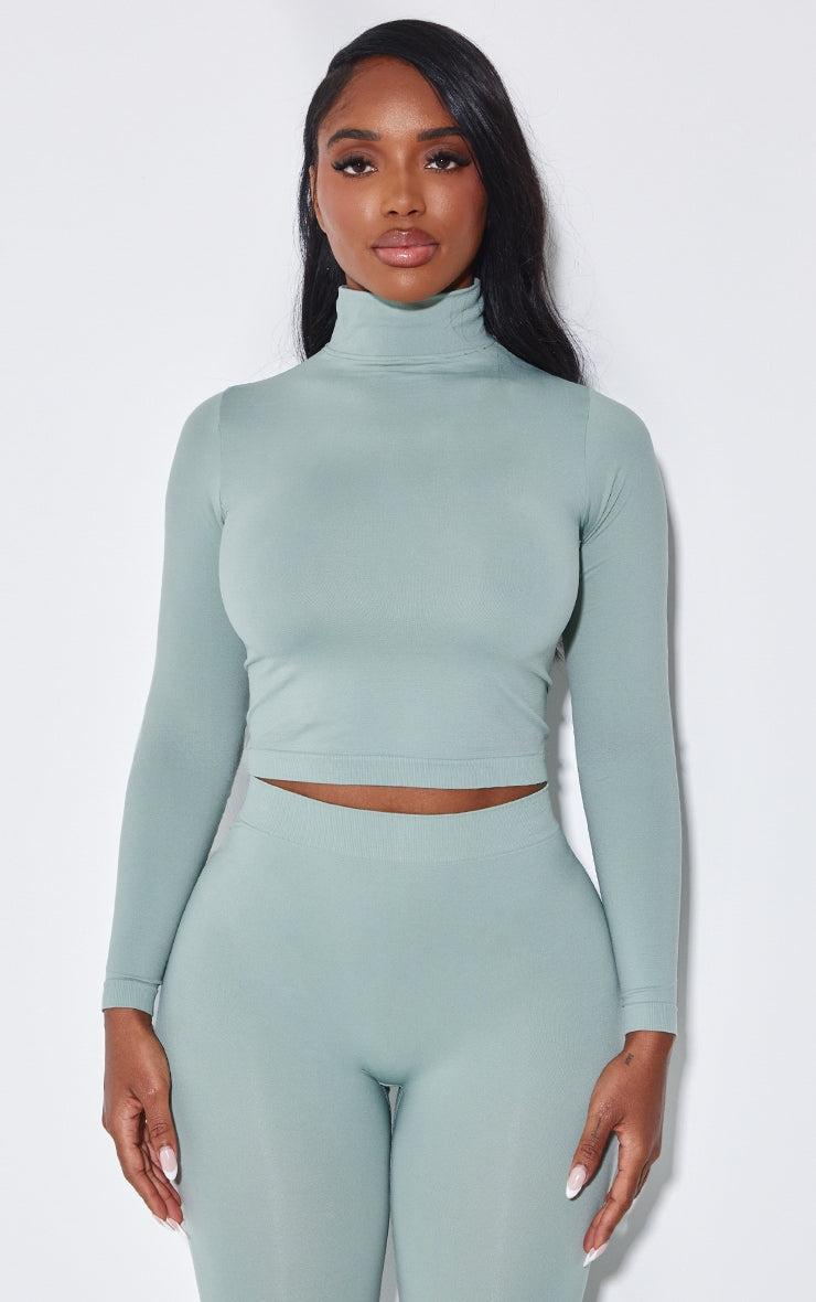 Shape Sage Green Stretch Seamless High Neck Long Sleeve Top