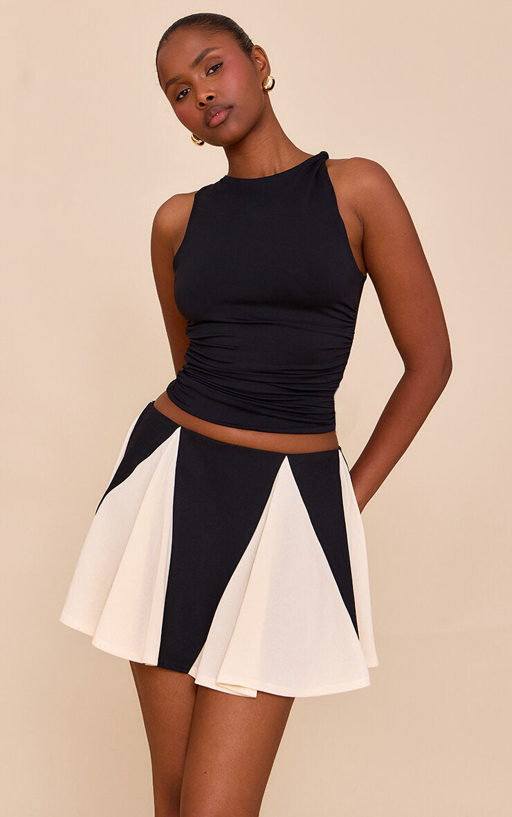 Black Chiffon Contrast Godet Mini Skirt