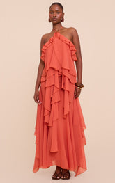 Orange Chiffon Frill Halterneck Floaty Maxi Dress
